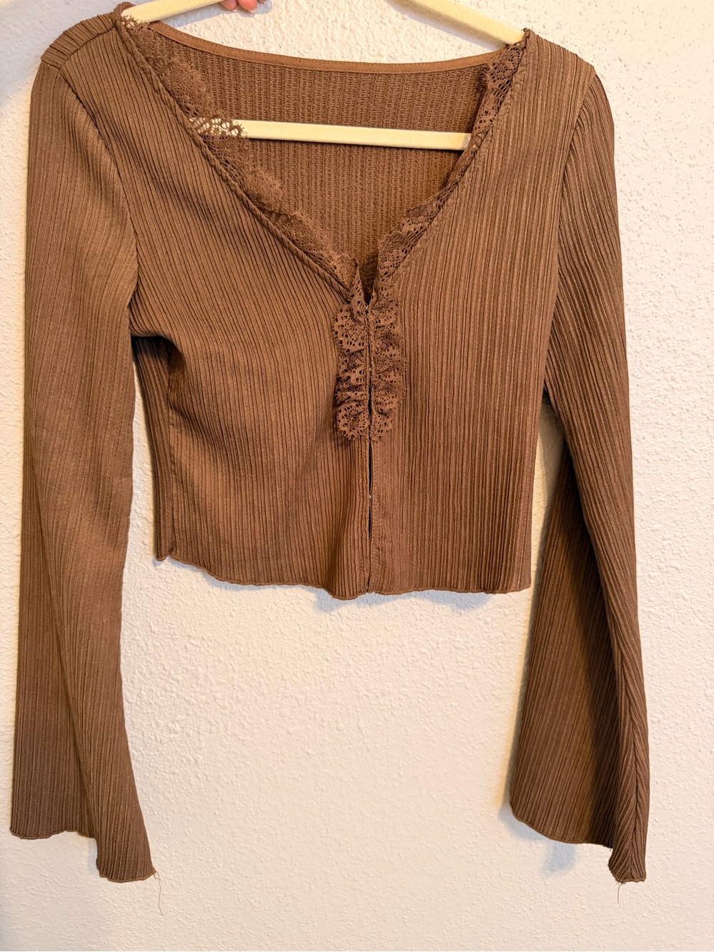 Ribbed Lace-Trim Long Sleeve Top - Brown